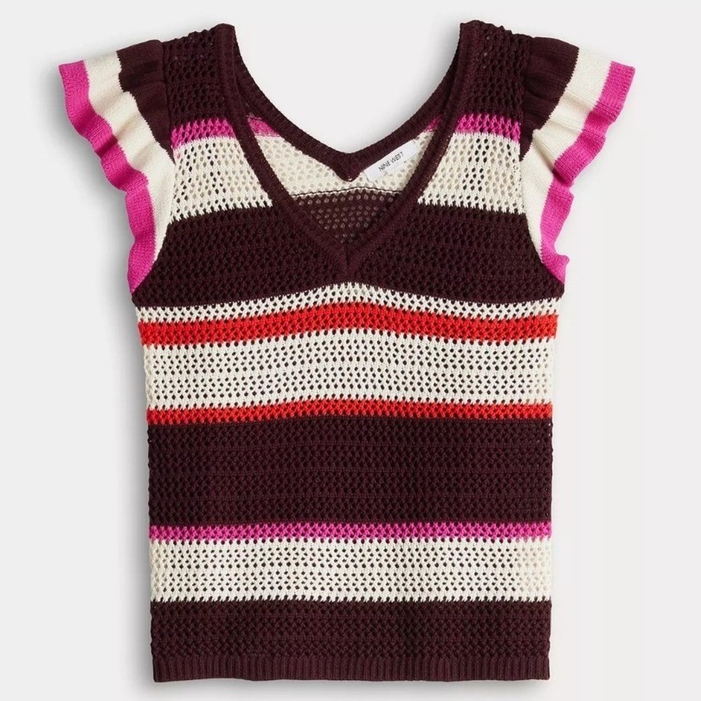 Nine West Knit Crochet Striped Top Women's Small Flutter Sleeve